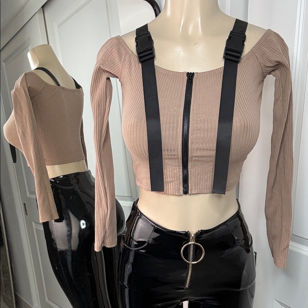 Women's Tan Ribbed Crop Top with Black Straps small